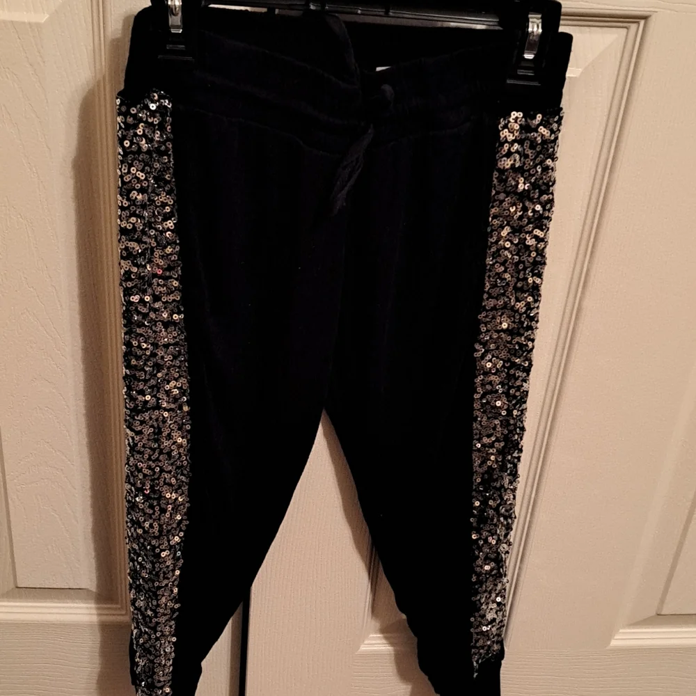 Justice Girls Black Joggers with Silver Sequin Stripes, good preloved condition